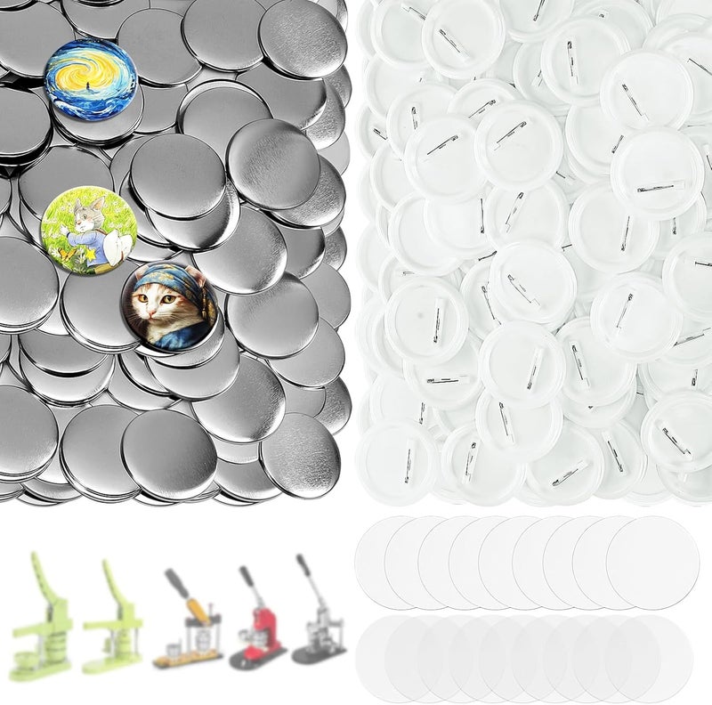 KUNTAERY 200 Sets 2.25 Inch Button Maker Supplies, 58mm Round Badge Parts with Metal Covers, Plastic Pin Backs, Clear Film & Blank Paper, Perfect for Button Maker Machine & Badge Press - Image 1